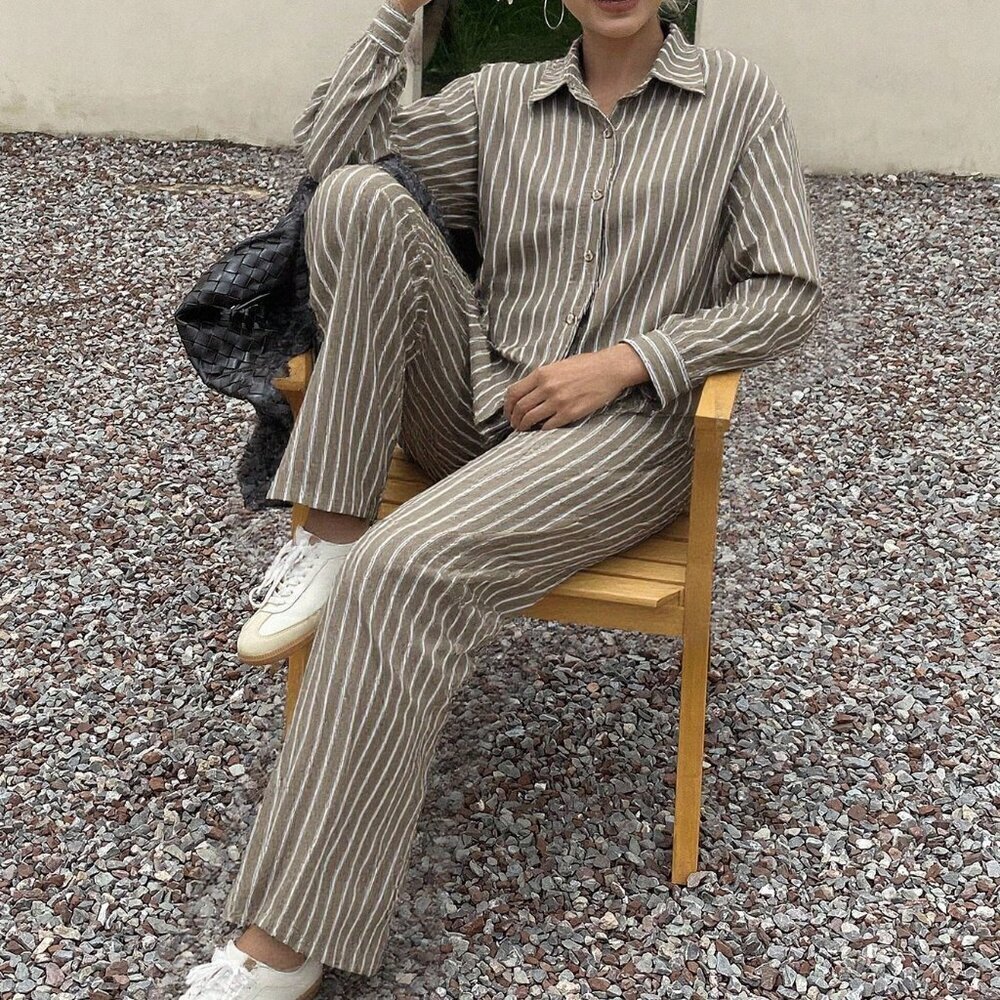 Brown Casual Women's Striped Shirt And Pants Set Lounge Sets - Picture 3 of 3